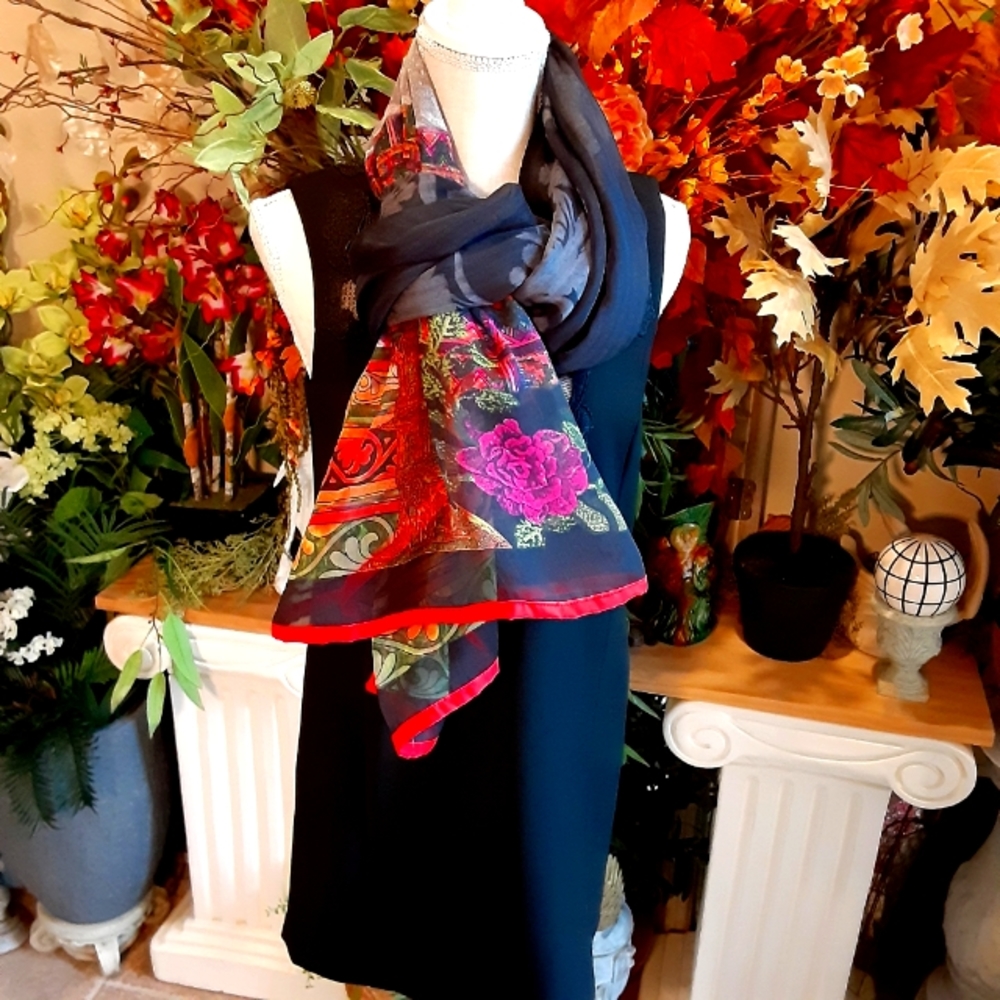 Black Mughal Print Chiffon Scarf Tapestry Border Devore Floral Dupatta Wrap